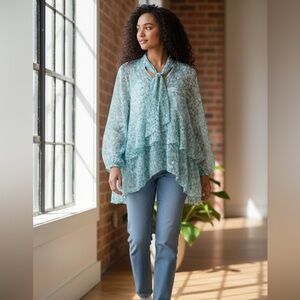 LC Lauren Conrad Sheer Floral Tie-Neck Blouse 1X NWT Blue Green
